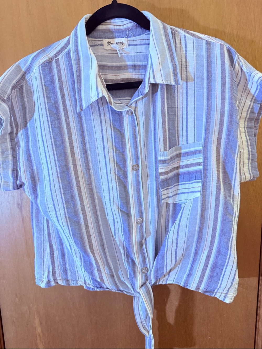 Striped Tie-Front Button Down Shirt - Blue & White - Picture 3 of 5
